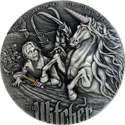 Niue: The Witcher Book Series - Time of Contempt kolorowany, pozłacany 2 uncje Srebra 2022 High Relief Antiqued Coin